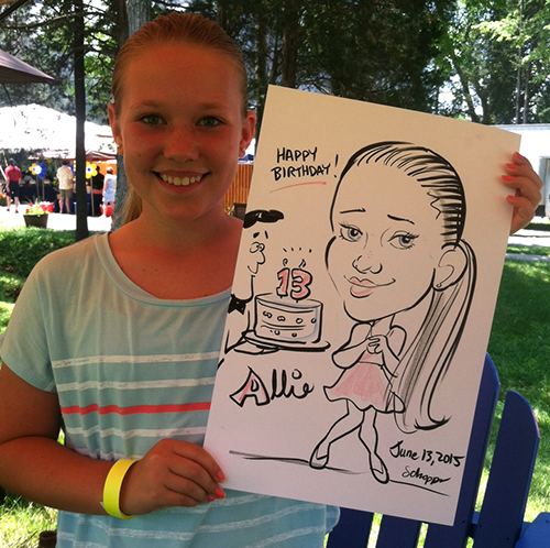 13-year-old girl with her birthday caricature.