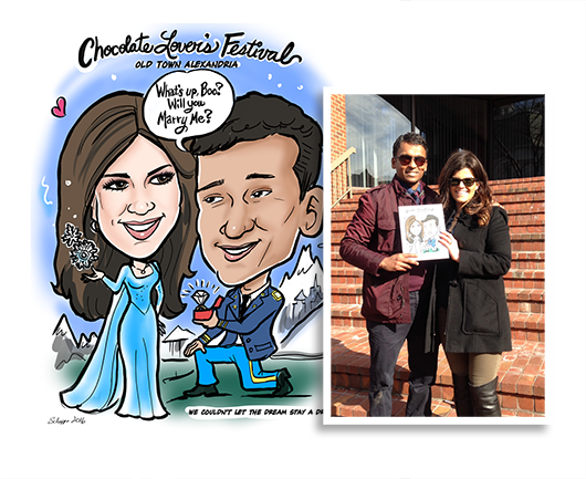 The finished artwork and the couple with their caricature!