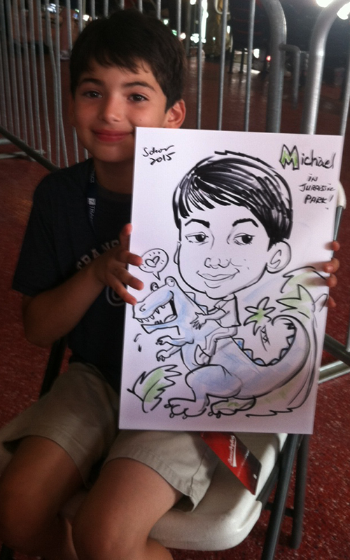 boy on dinosaur caricature