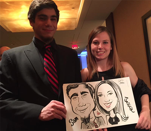 Caricature of couple at hope for hearts casino night