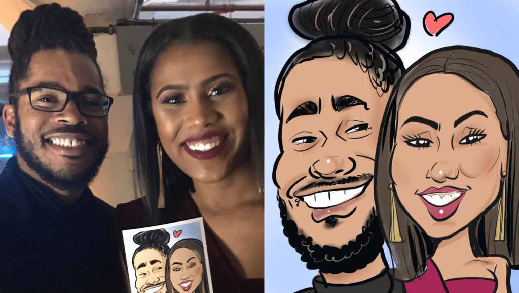 A couple get their caricature drawn at a company holiday party!