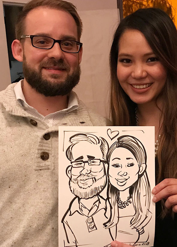 Caricature of couple at a holiday party