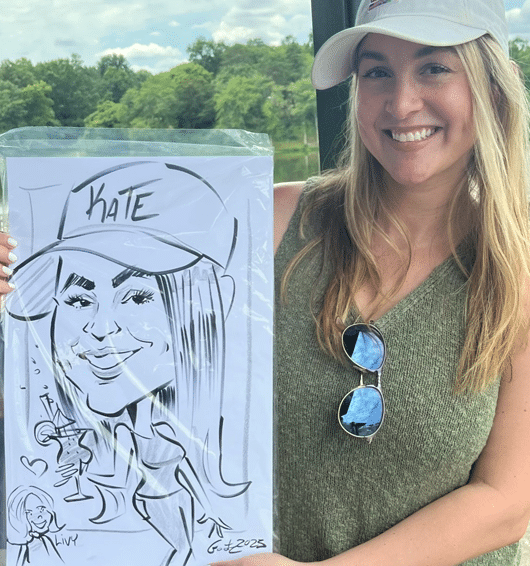 Lady with hat with her caricature